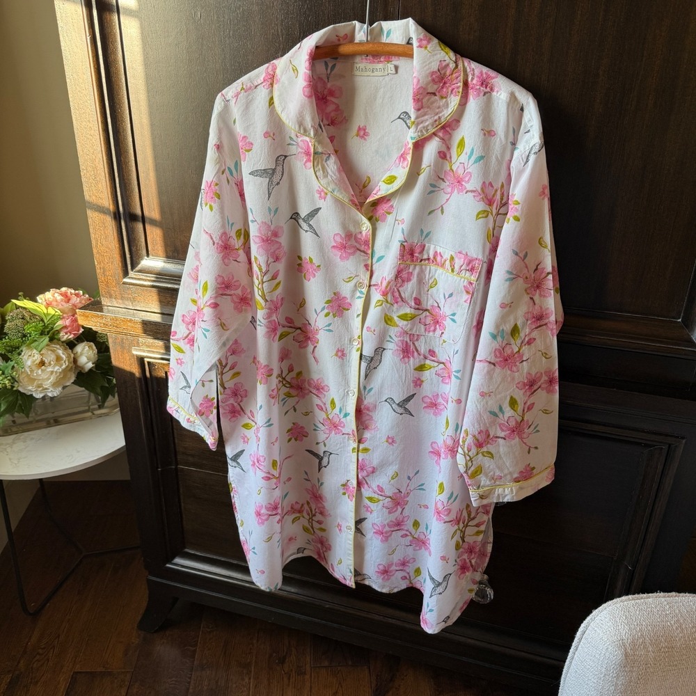 Mahogany Womens Floral Hummingbird Cotton‎ Nightshirt Button Front Pink L